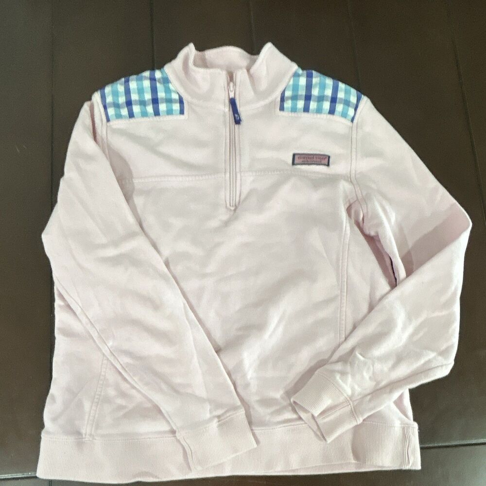 Vintage Vineyard Vines Girl's MediumPullover Pink Blue 100% Cotton 1/4 Zip Beach